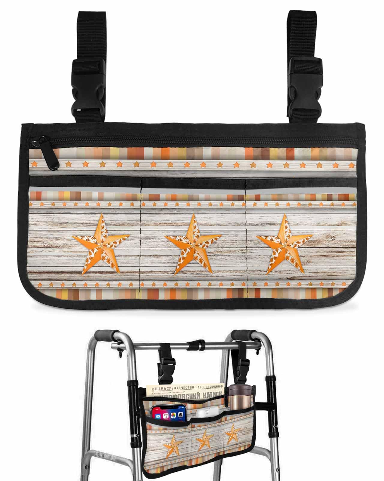 Anzona Maple Leaf Star Wheelchair Side Bag Walker Bag, Fall Orange Striped Vintage Wooden Wheelchair Accessories Armrest Pouch, Organizer Storage Bag for Walkers, Rollators, Scooters, 7.3''x13''