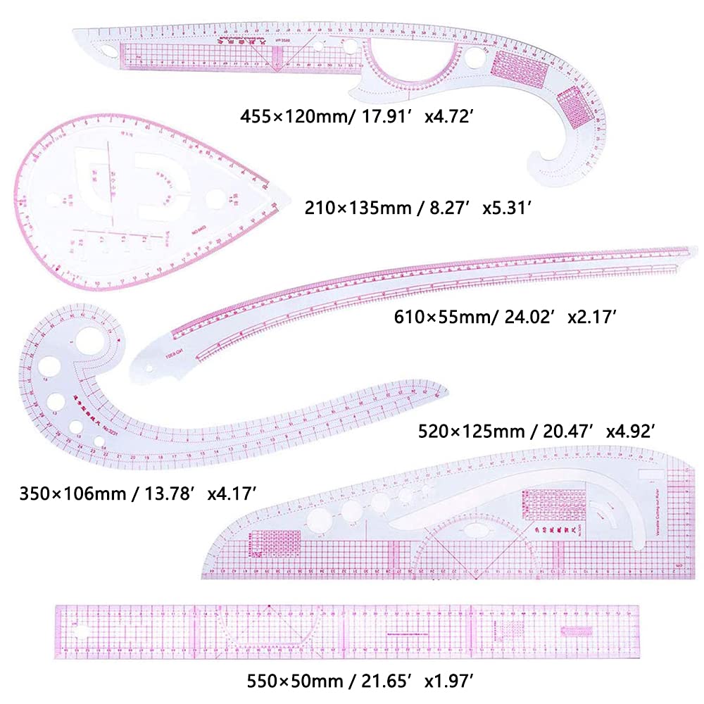 7 sztuk linijki krawieckiej, zestaw linijek z tworzywa sztucznego, francuska linijka metryczna, linijka do cięcia, 7 specyfikacji, do szycia i cięcia materiału