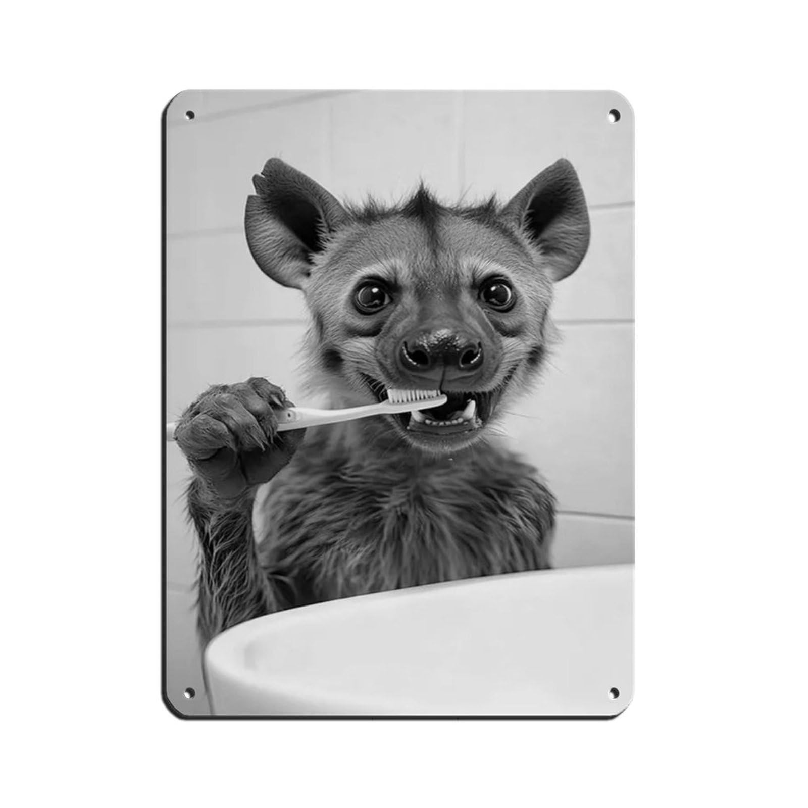Hyena Brushing Teeth, Funny Bathroom Art Tin Sign Vintage Metal Pub Club Cafe Bar Home Wall Art Decoration Poster Retro 12x16inch(30x40cm)