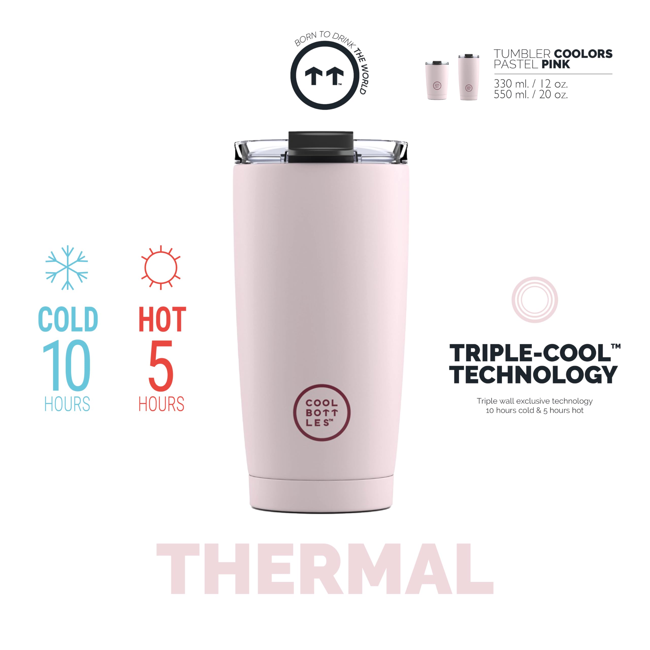 Cool Bottles - Tumbler - Bicchiere Termico in Acciaio Inossidabile - 550 ml - Pastel Pink - Tazza da Caffè - Coperchio Ermetico - Bevande Fredde 10 ore e Calde 5 ore - Finitura Antimacchia