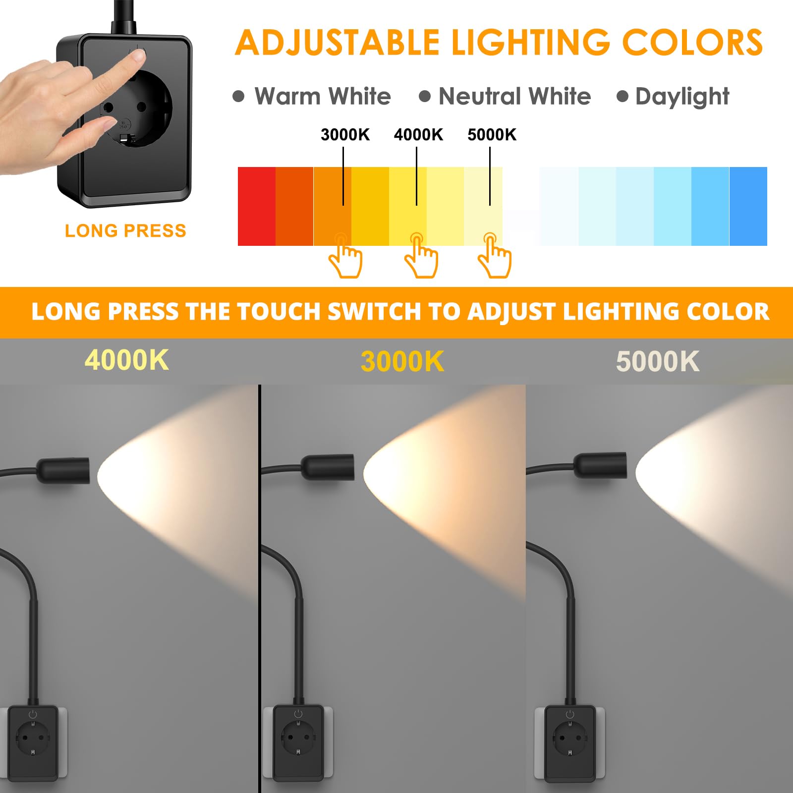 ENUOTEK Lampara de Lectura Aplique LED Interior, 3W 240LM Lampara Enchufe pared Aplique Negro Mesita de Noche pared, 4 Brillo Regulable, 3 Color de Luz 4000K-3000K-5000K Lampara Lectura pared