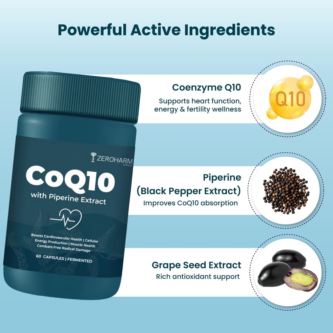 ZEROHARM Coenzyme Q10 | 250mg with Piperine & Grape Seed Extract | High Absorption CoQ10 Supplement | CoQ10 Ubiquinol Supports Heart, Vascular Health & Cellular Energy Production | 60 Veg Capsules