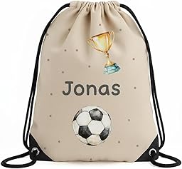 Turnbeutel mit Namen, Sporttasche Kinder, personalisierter Jutebeutel, Sportbeutel für Kita, Schule & Kindergarten (33x45cm) Stoffbeutel mit Kordelzug (Fußball)