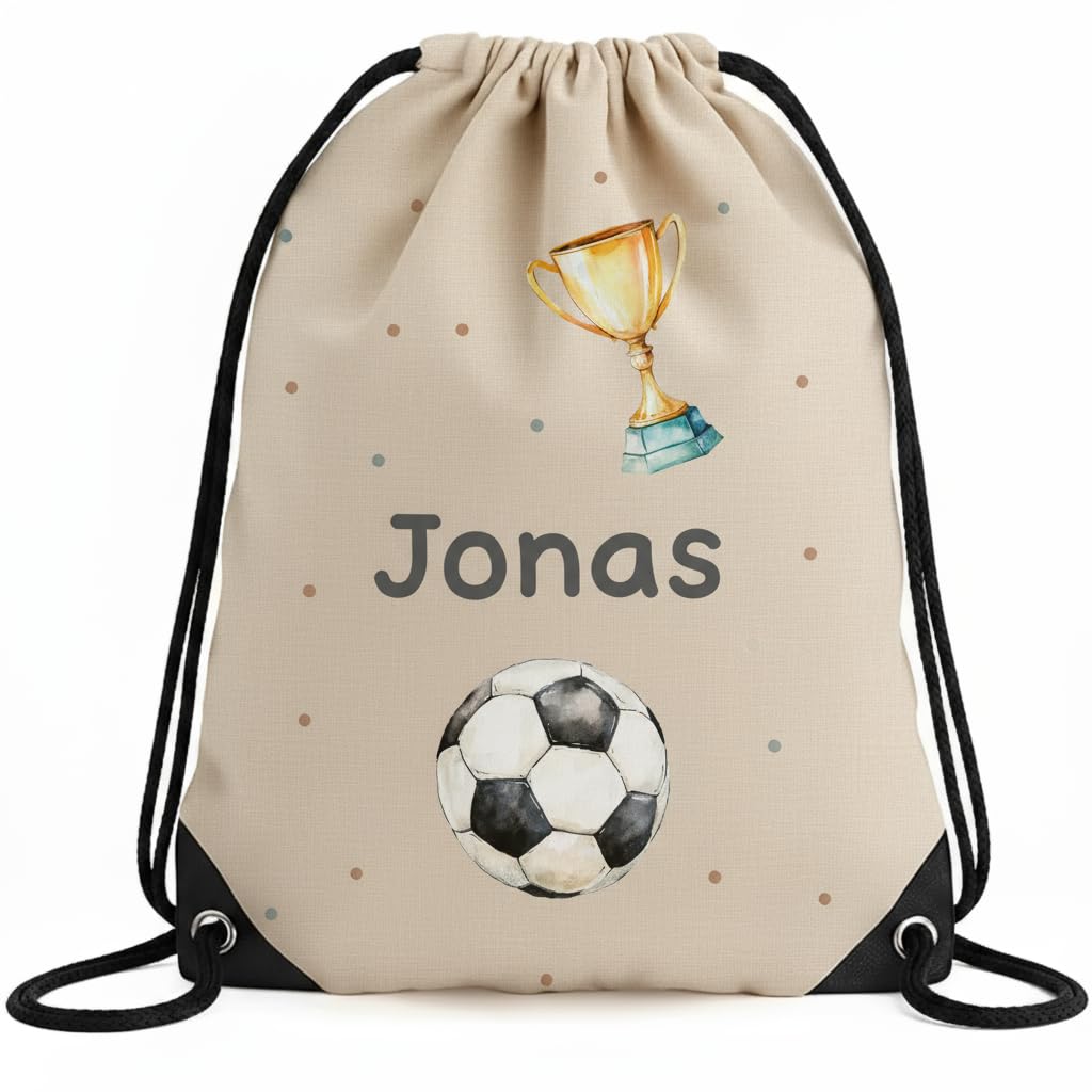 Turnbeutel mit Namen, Sporttasche Kinder, personalisierter Jutebeutel, Sportbeutel für Kita, Schule & Kindergarten (33x45cm) Stoffbeutel mit Kordelzug (Fußball) - 1