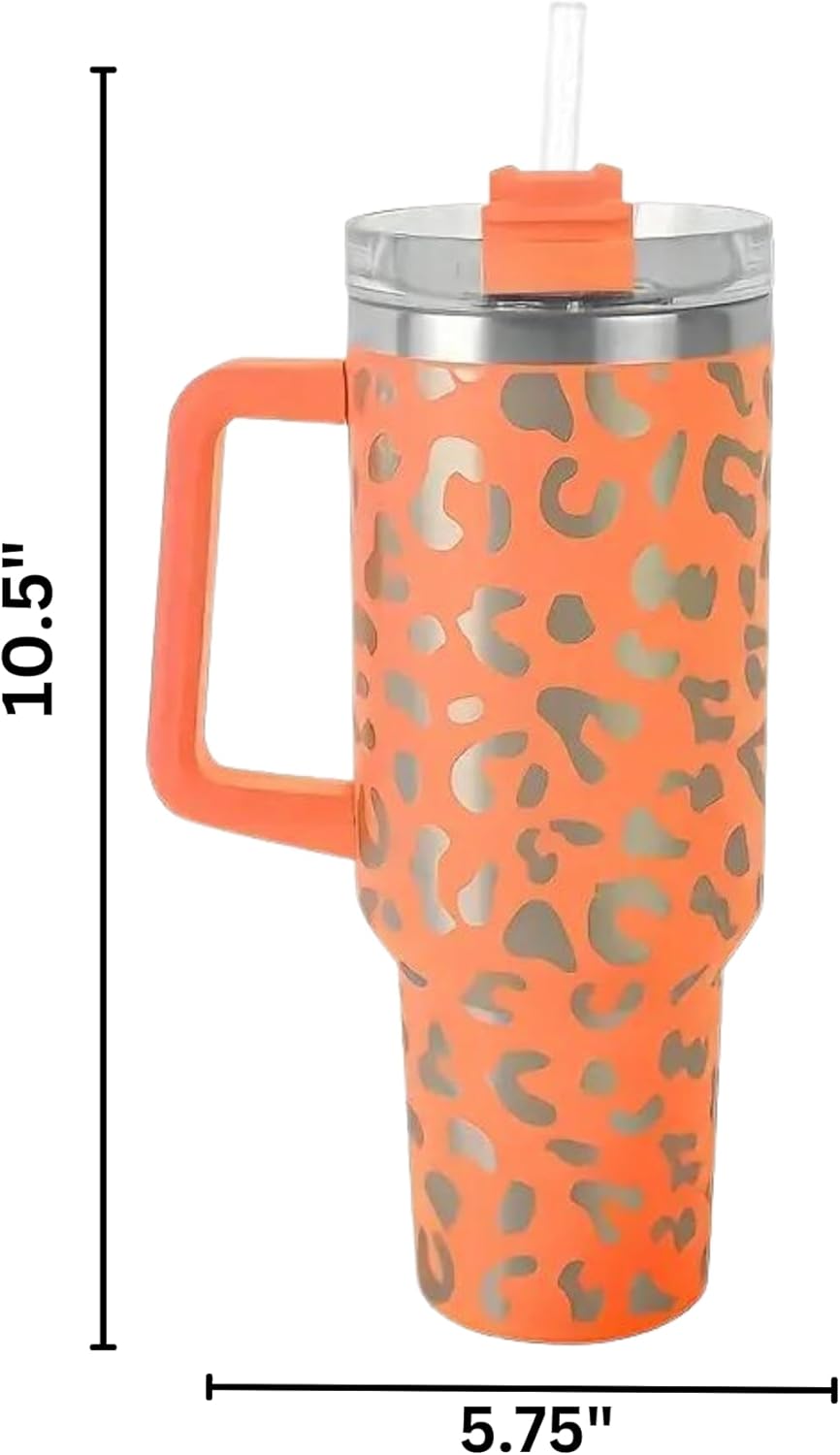 Lashicorn 40 Oz. Tumbler with Handle and Straw Orange Leopard Silver 10” tall Cup lid included Insulated Stainless Steel Vacuum Travel Mug Boutique Cheetah Print - Image 2
