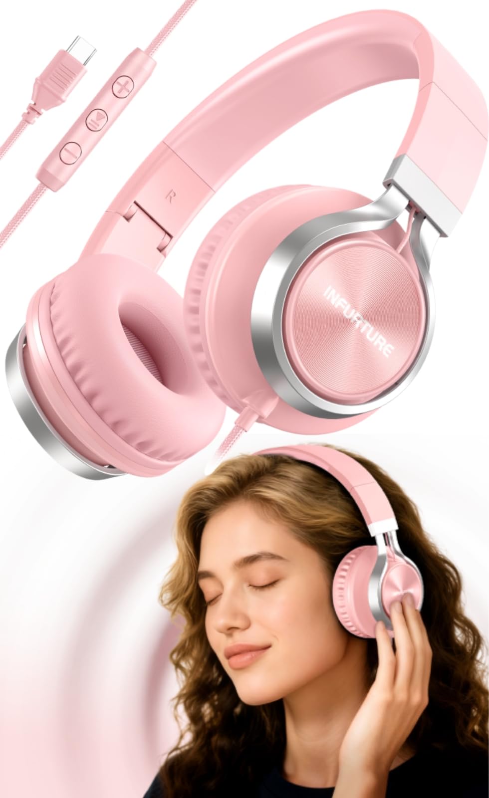 Photo 1 of INFURTURE USB C Headphones Wired with Mic & Volume Control, Noise Isolating Over-Ear Headphones, Tangle-Free Plaiting Line, Foldable Headphone for School/Travel/iPad,Tablet,iPhone 17/16/15(Pink)