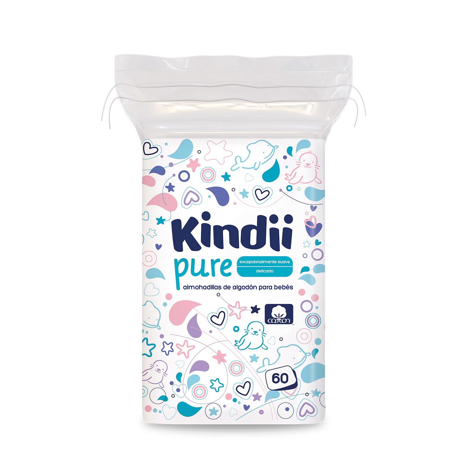 Kindii Pure – Gasas Bebé (1x60 Piezas) – 100% Algodón, limpieza facial, cambios de pañal – Delicadas para pieles sensibles, no se deshilachan – 60 Piezas