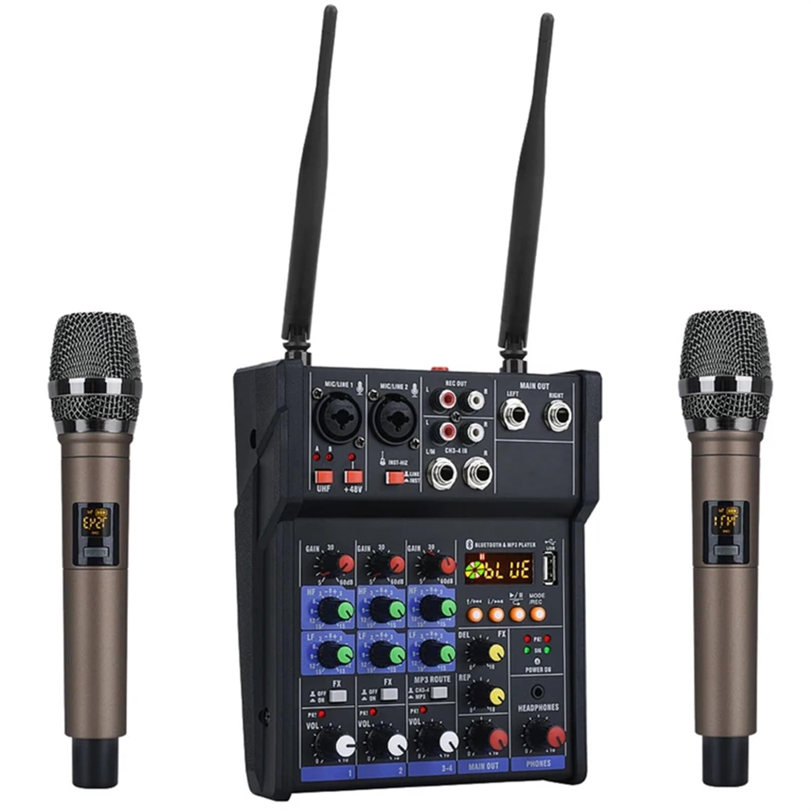 Console mixer audio a 4 canali Woopker con microfono wireless Mixing Ingresso USB Mixer DJ Artisti e Band(Black Set)