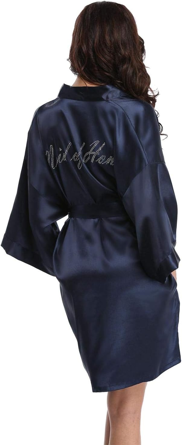 Vogue Bridal Satin Short Kimono Robe Bride Bridesmaid Robes with Rhinestones for Getting Ready Wedding Bridal Party