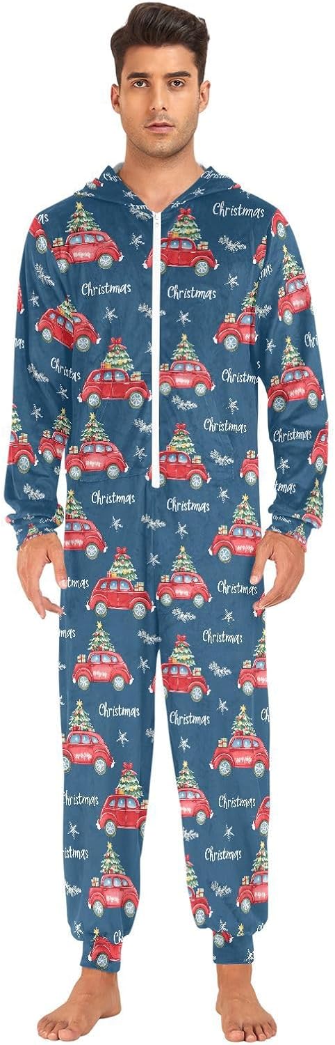 ALAZA Watercolor Christmas Tree Car Blue Adult Onesie Unisex Pajamas One-Piece Costume Hooded Jumpsuit Sleepwear for Men Women XS
