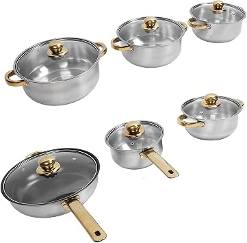 Stainless Steel Cookware Set, Rustproof Non Stick Pot and Pan Set with Gold Handles, Full Kitchen Cookware Set for Home and Restaurant Use on All Stovetops Including (Gold Handle)