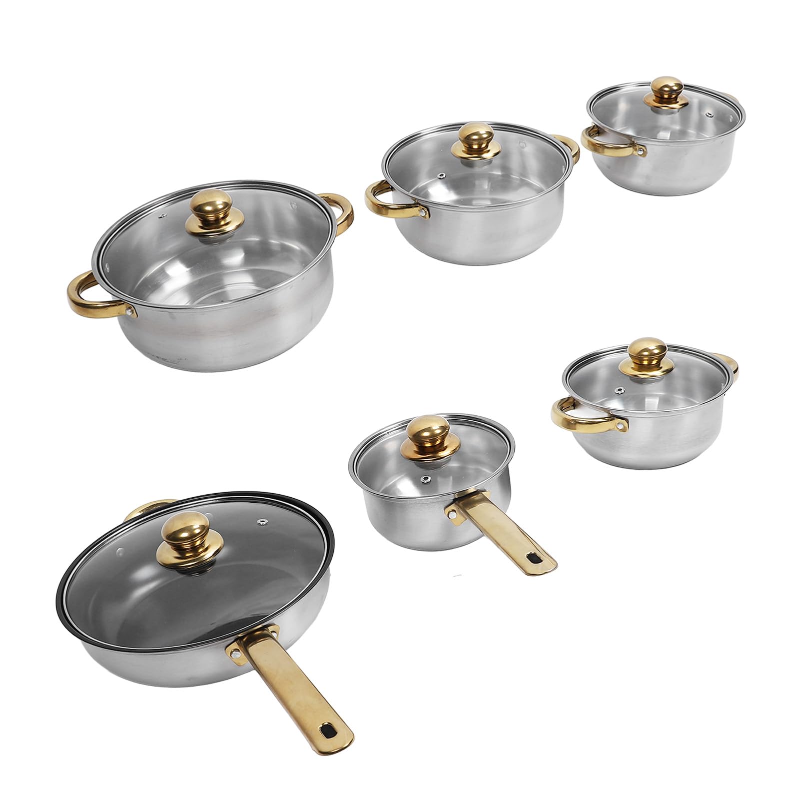 Generic Zestaw naczyń ze Stali Nierdzewnej, Nierdzewny, Elegancki Design, Wielofunkcyjne Patelnie i Garnki do Domowej Kuchni, 6 Sztuk (Złoty uchwyt)