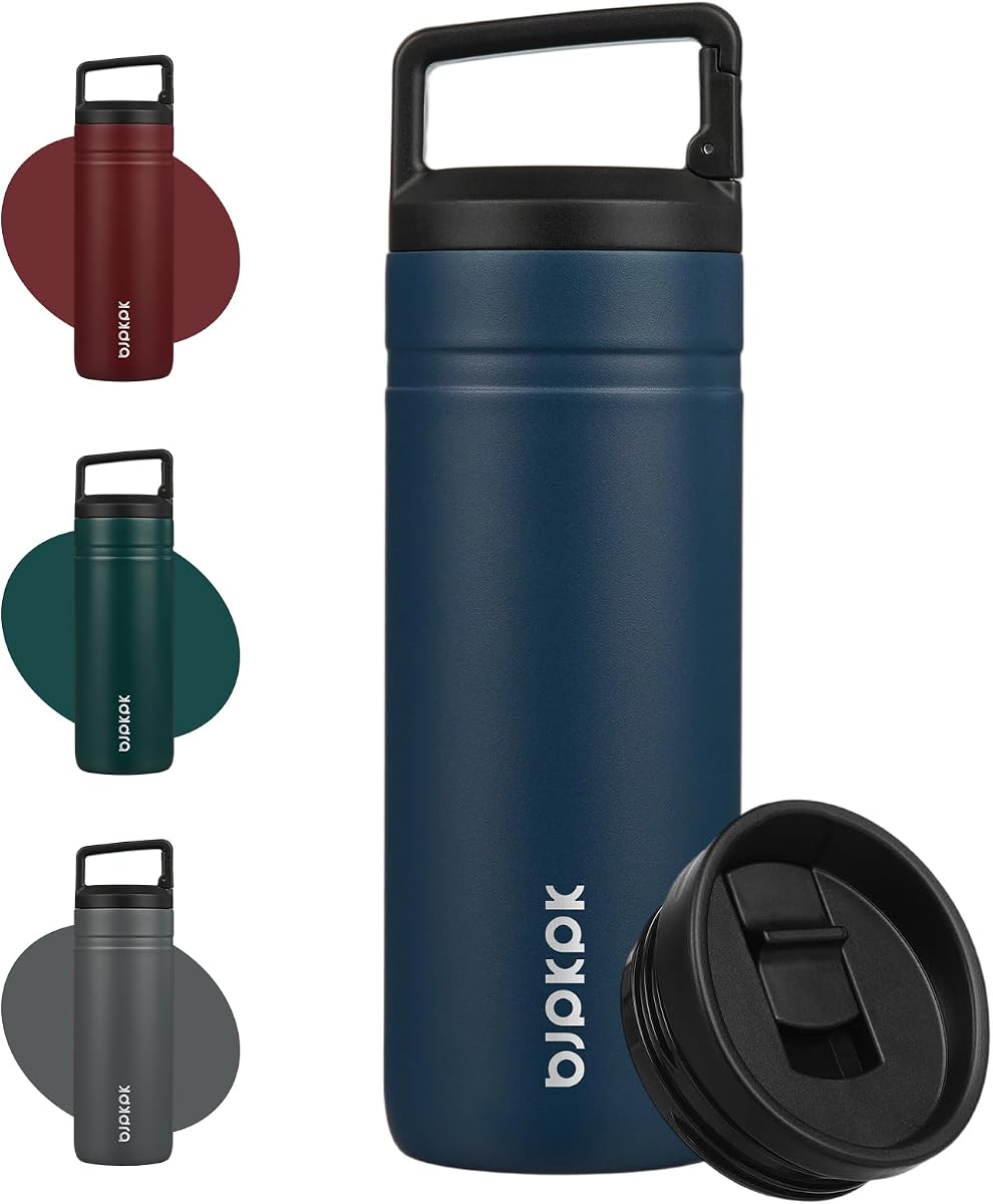 BJPKPK 20 oz Insulated Travel Water Bottle, Coffee Tumbler Stainless Steel | Double Wall Vacuum, Leakproof, Thermal, Keeps Hot/Cold, Dishwasher Safe, Spill Proof, Wide Mouth, 2 Lids, Navy Blue