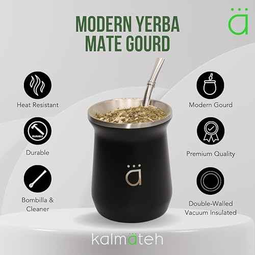 Miniatura 2 de Kalmateh New Yerba Mate Gourd - Vaso mate de acero inoxidable 188 de doble pared - Incluye pajita Bombilla y un cepillo de limpieza, 10 onzas (negro