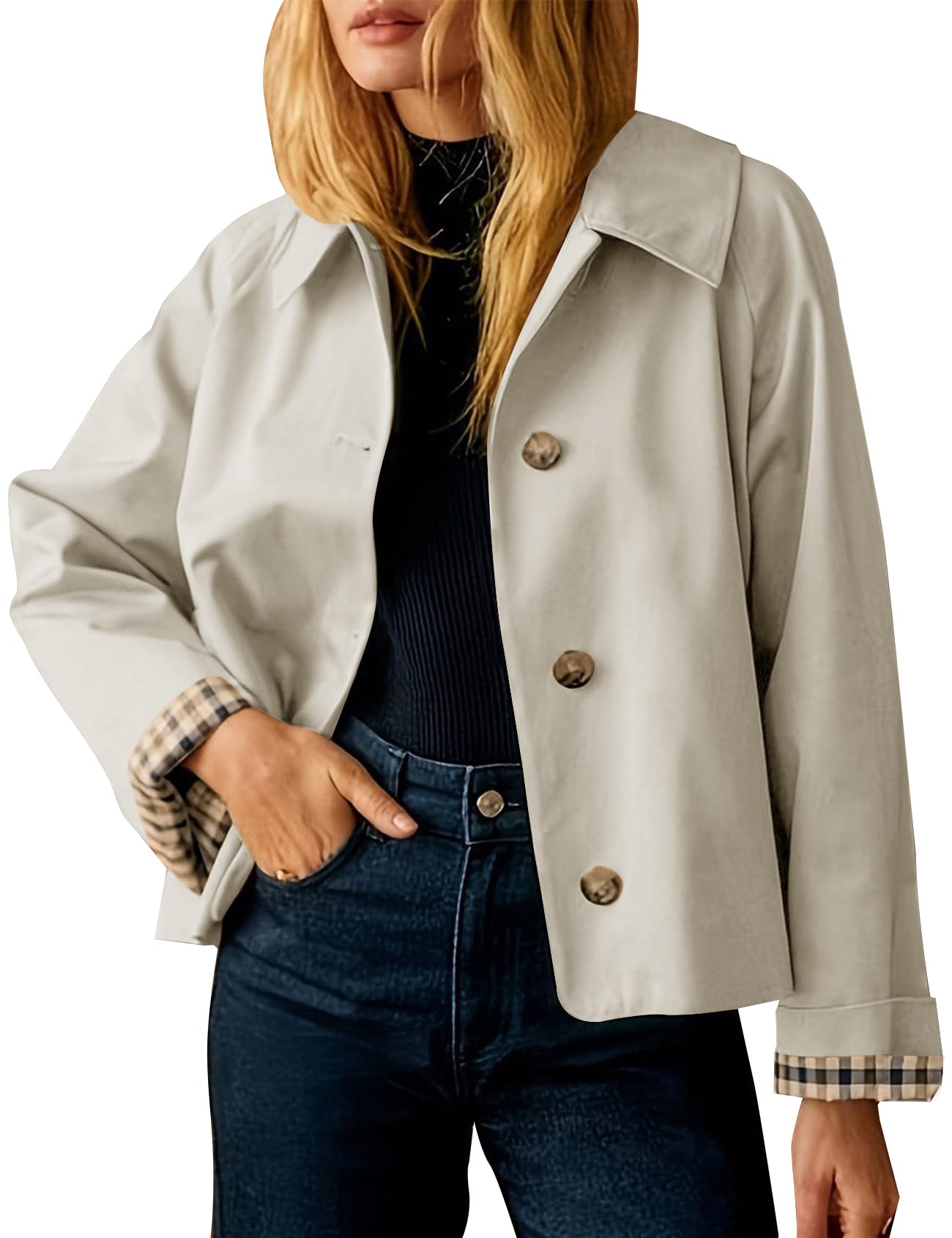 Flygo Womens Trench Coat Cropped Casual Jackets Oversized Button Down Long Sleeve Lapel Jacket Coats