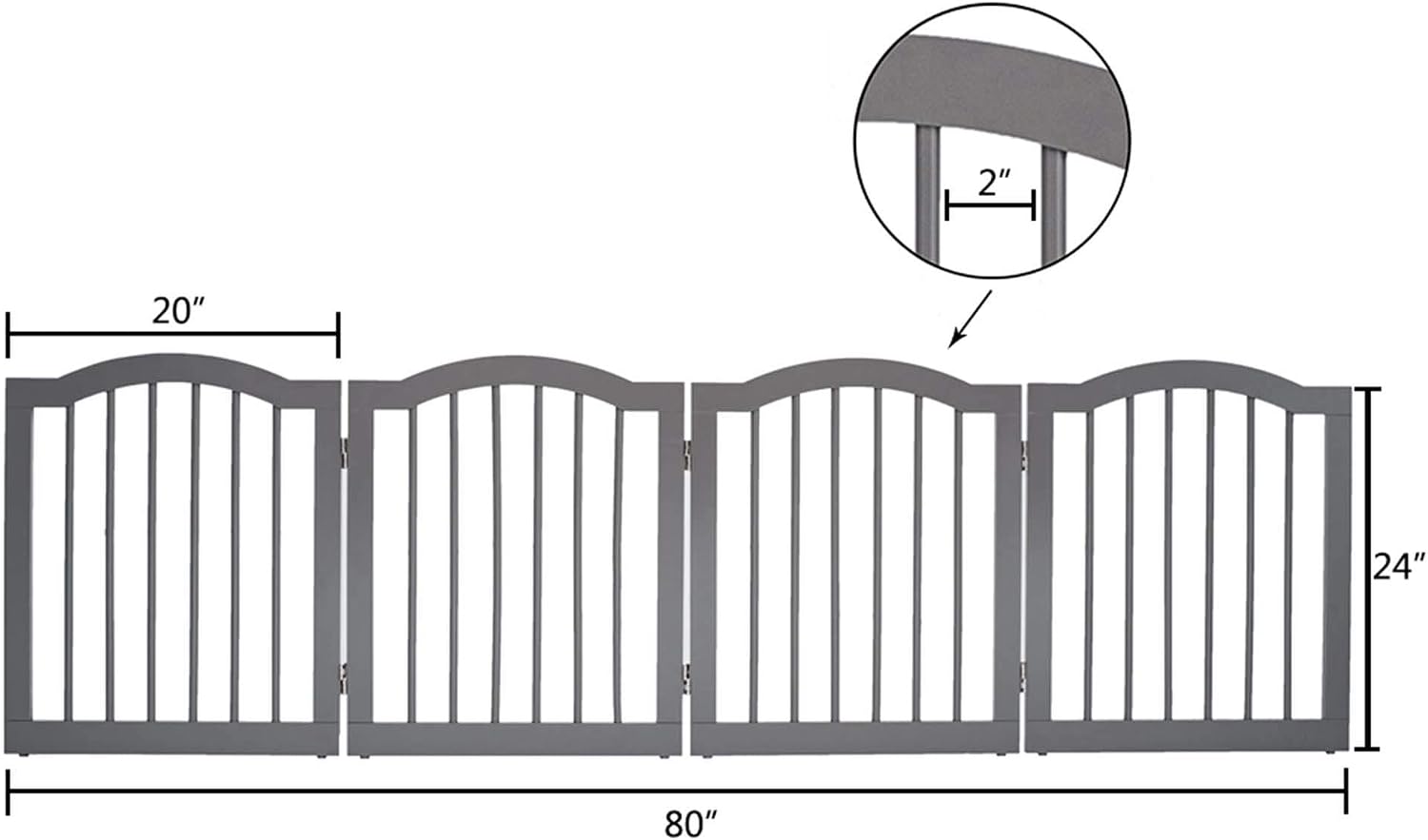 unipaws Freestanding Dog Gate with 2pcs Support Feet, Foldable Pet Gate for Stairs, Decorative Indoor Pet Barrier with Arched Top, Grey (4 Panels, 20 inches Wide, 24 inches High)
