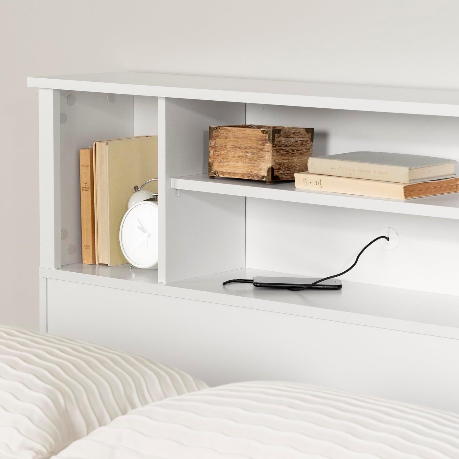 HomeStock Bookcase Headboard with Storage - Minimalist Design - 43.5" Wide - Cord Management