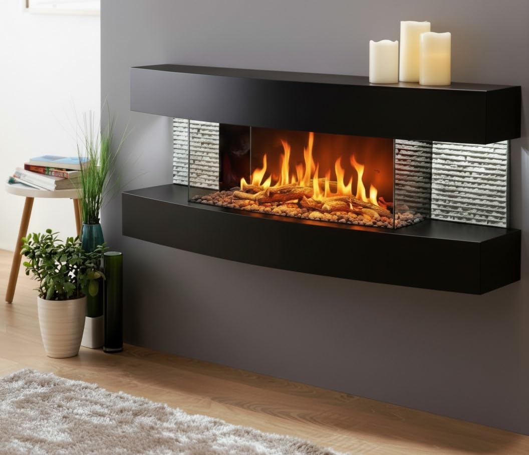 CHEMIN'ARTE Camino elettrico Lounge effetto fiamma LED - da parete - nero - 120cm - Telecomando, Caminetto con Timer e Controllo Automatico di Temperatura