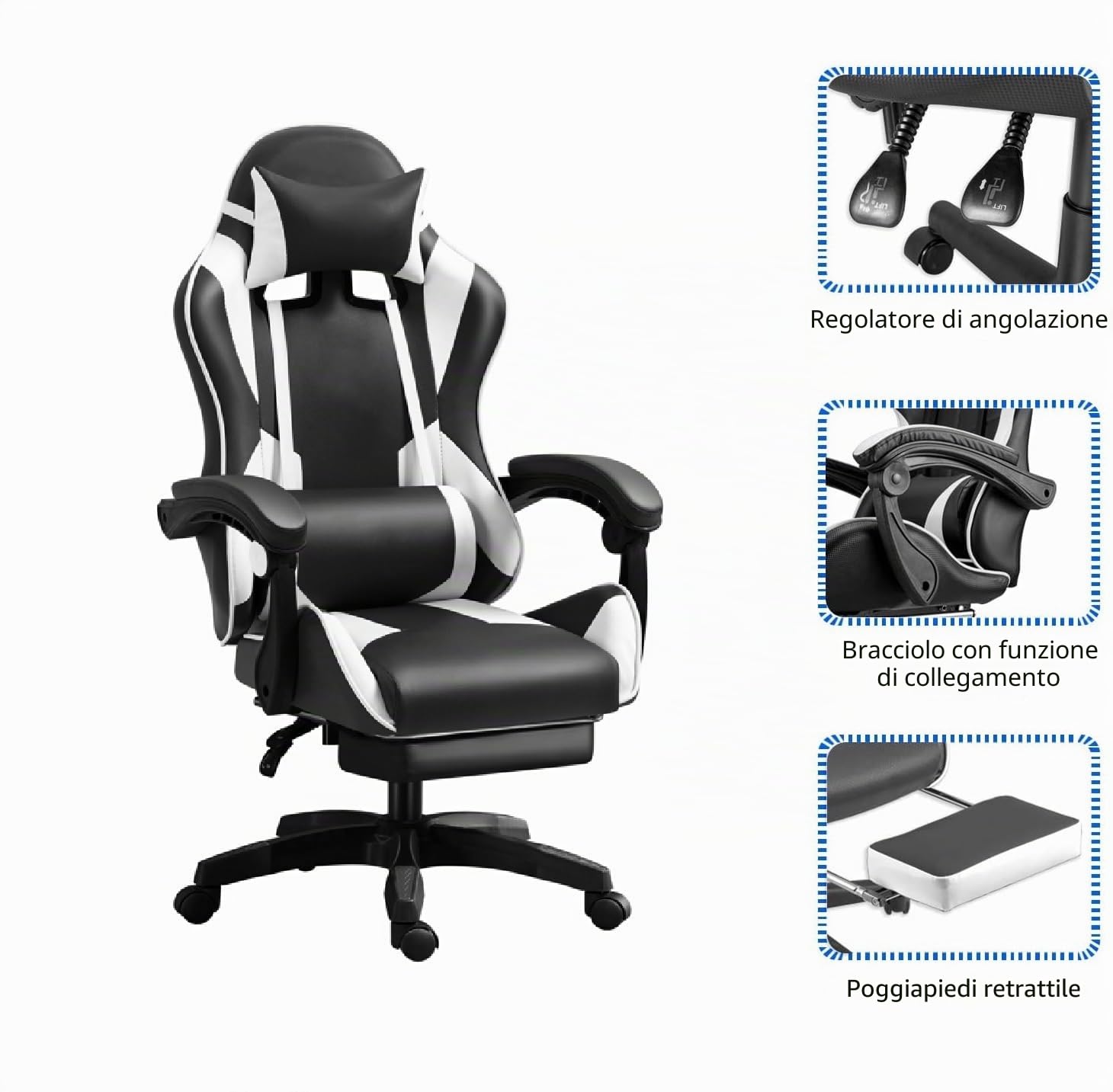 IZTOSS Sedia Gaming Ergonomica - Sedia Gamer con Schienale Regolabile, con Poggiatesta, Braccioli e Supporto Lombare (Bianco-A)