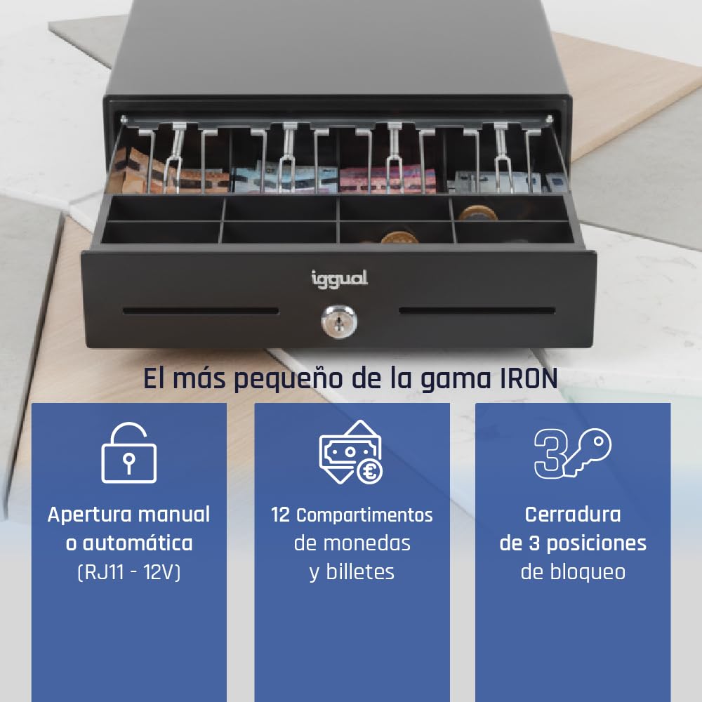 iggual Tiroir-Caisse IRON-XS Mini Caisse Enregistreuse TPV 12 V Acier Renforcé 4 Billets 8 Pièces 33x33x9 cm