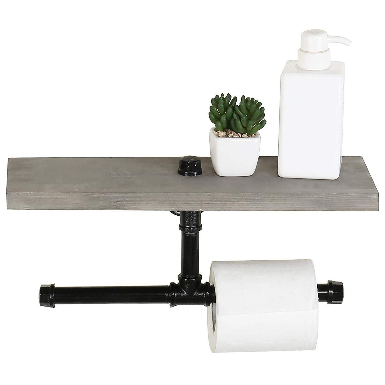 TOPIND Industrial Wall-Mounted Dual-Pipe Toilet Paper Holder, Wall Mounted Toilet Paper Roll Holder with Wood Shelf Storage,for Bathroom,Washroom