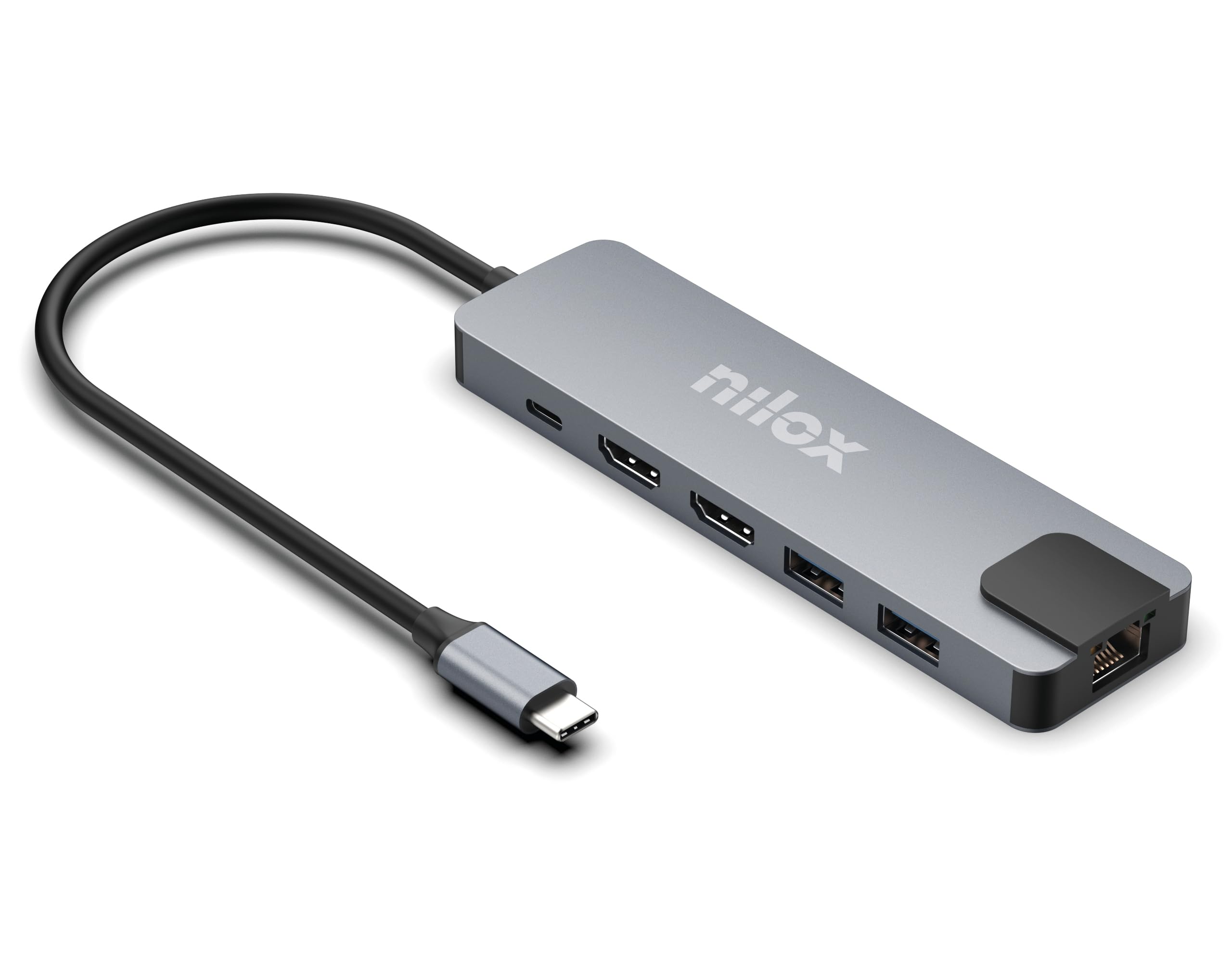 Nilox, Docking Station 8-in-1, con 2 porte HDMI, 3 USB 3.1, 1 USB 2.0, 1 porta Ethernet Gigabit, 10/100/1000Mbit, 1 USB-C Power Delivery (fino a 100W), Grigio