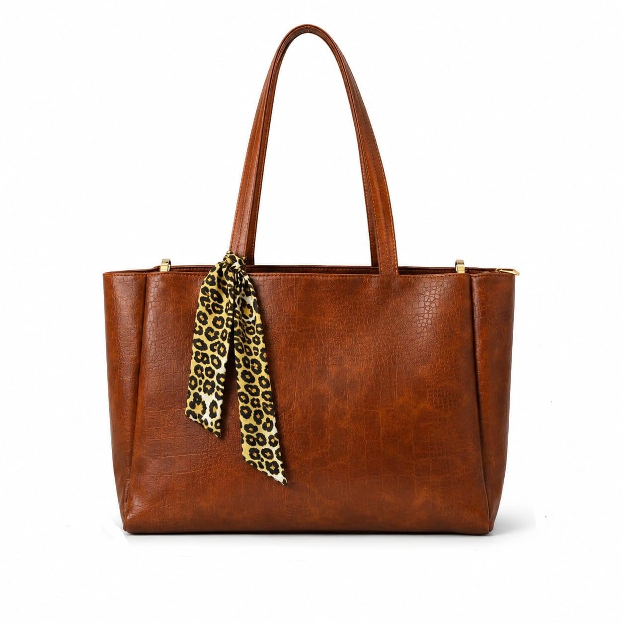 Faux Leather Tote Bag for Women | Large 3 Compartment Shoulder Handbag | Croc-Effect Office Purse with Multi Pockets, Zip Closure & Leopard Print Scarf | Fits Wallet, Cosmetics, Umbrella-image-47