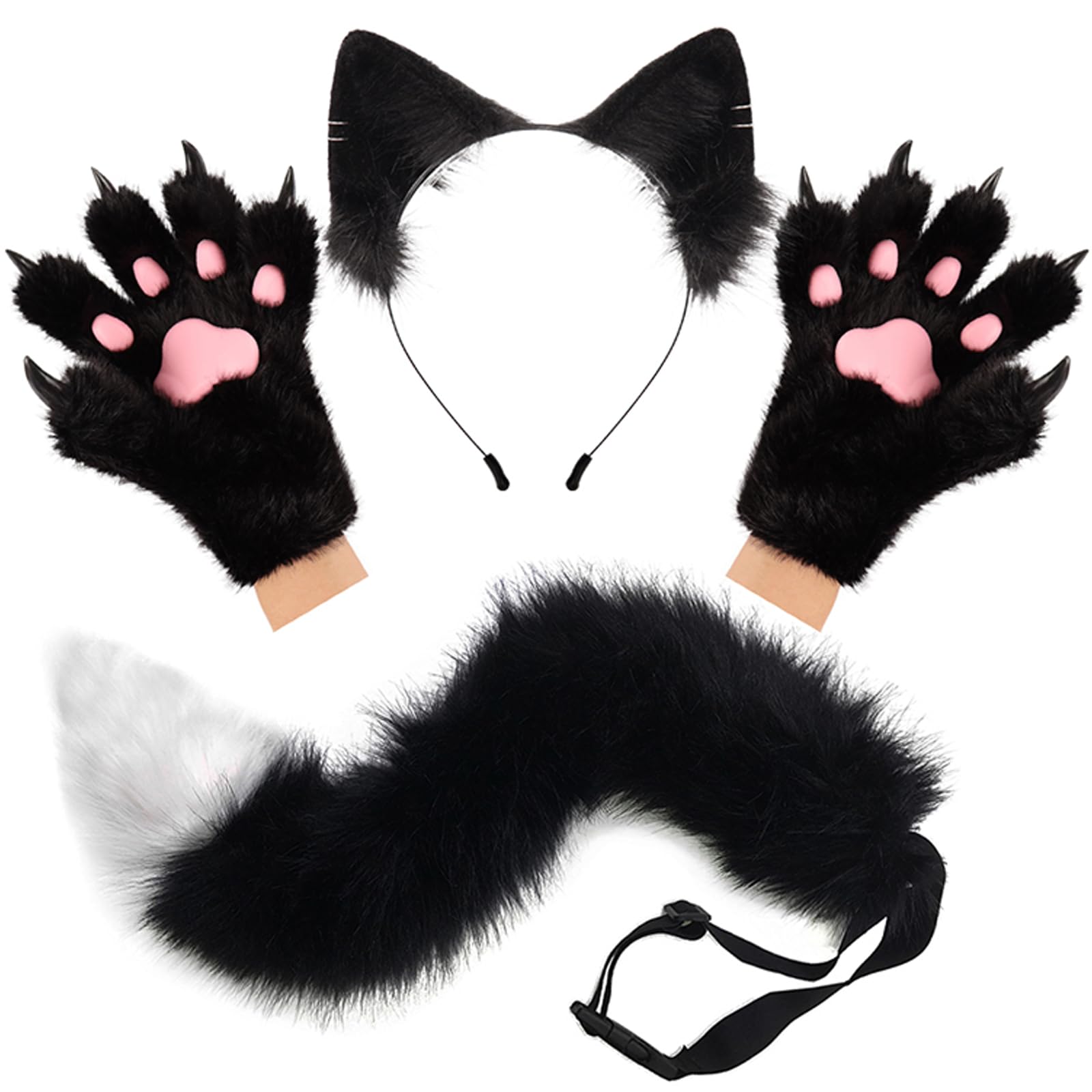 PPFINE Faux Fur Furry Wolf Fox Tail Paw Gloves and Cat Ears Headband Set for Halloween Anime Cosplay Party