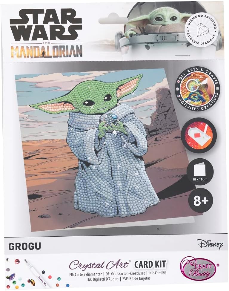 CRYSTAL ART - Diamond Card Kit - Decoration in Assorted Colours - Creative Hobbies and Crafts - Star Wars Grogu Theme - 18 x 18 cm - Ages 8 and Above