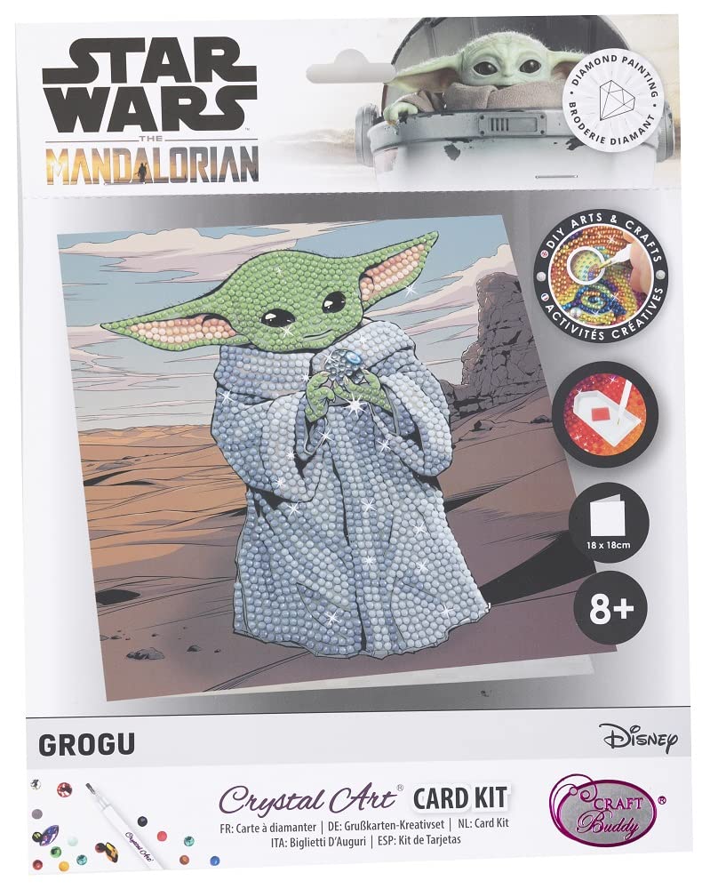 CRYSTAL ART - Diamond Card Kit - Decoration in Assorted Colours - Creative Hobbies and Crafts - Star Wars Grogu Theme - 18 x 18 cm - Ages 8 and Above