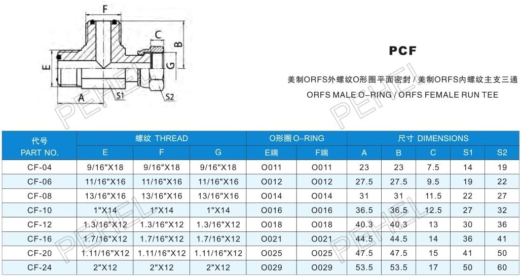 CF, Hydraulic adapter, Male ORFS-Male ORFS-Female Swivel ORFS run tee adapter, Carbon steel adapter, 50pcs set (ORFS 3/8)