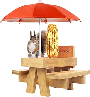 Squirrel Feeder, Squirrel Feeder for Outside Funny, Bamboo Squirrel Picnic Table Feeder with Umbrella and Corn Cobs for Squirrels, Cute Chipmunk Feeder for Your Family Member