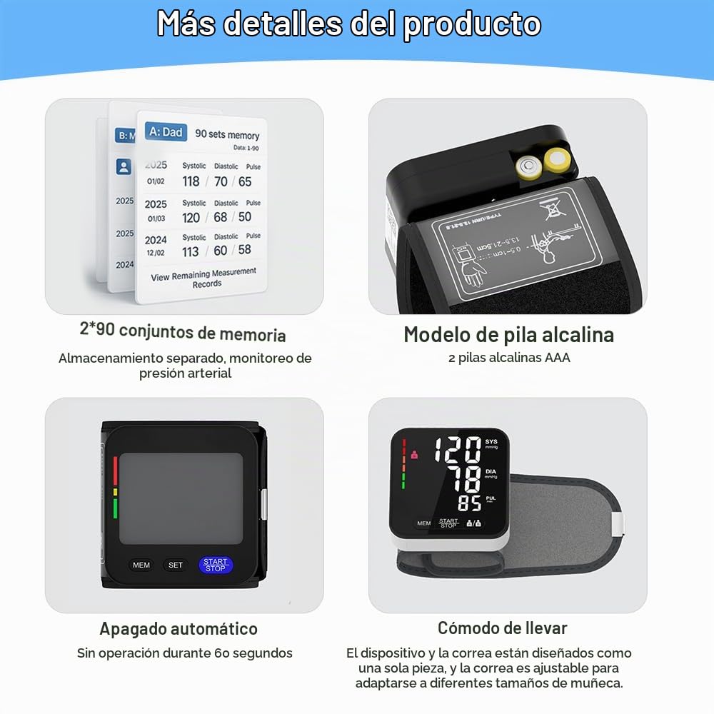 Tensiómetro de muñeca con detección de arritmia, medición de presión arterial y pulso totalmente automática, indicador de riesgo colorido, 2 × 99 memorias, para muñecas de 13,5 – 21,5 cm