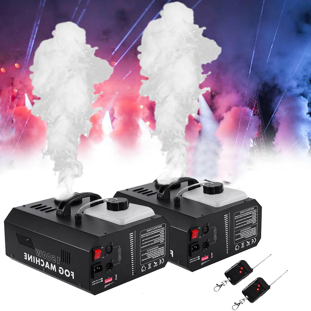 Ridgeyard 2 CONFEZIONI macchina del fumo da 1500W con telecomando wireless DMX macchina del fumo per matrimonio, festa, teatro, Halloween, Natale, e serbatoio da 2L, copertura nebbia portata 10-100 mq