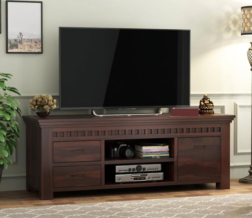 DR HOME'S DECOR Solid Sheesham Wood TV Entertainment Unit for Living Room | Wooden TV Stand with 2 Drawers, 1 Door Cabinet & 2 Open Storage Shelves | Media Console for Up to 55 Inch TV | Walnut Finish-image-40