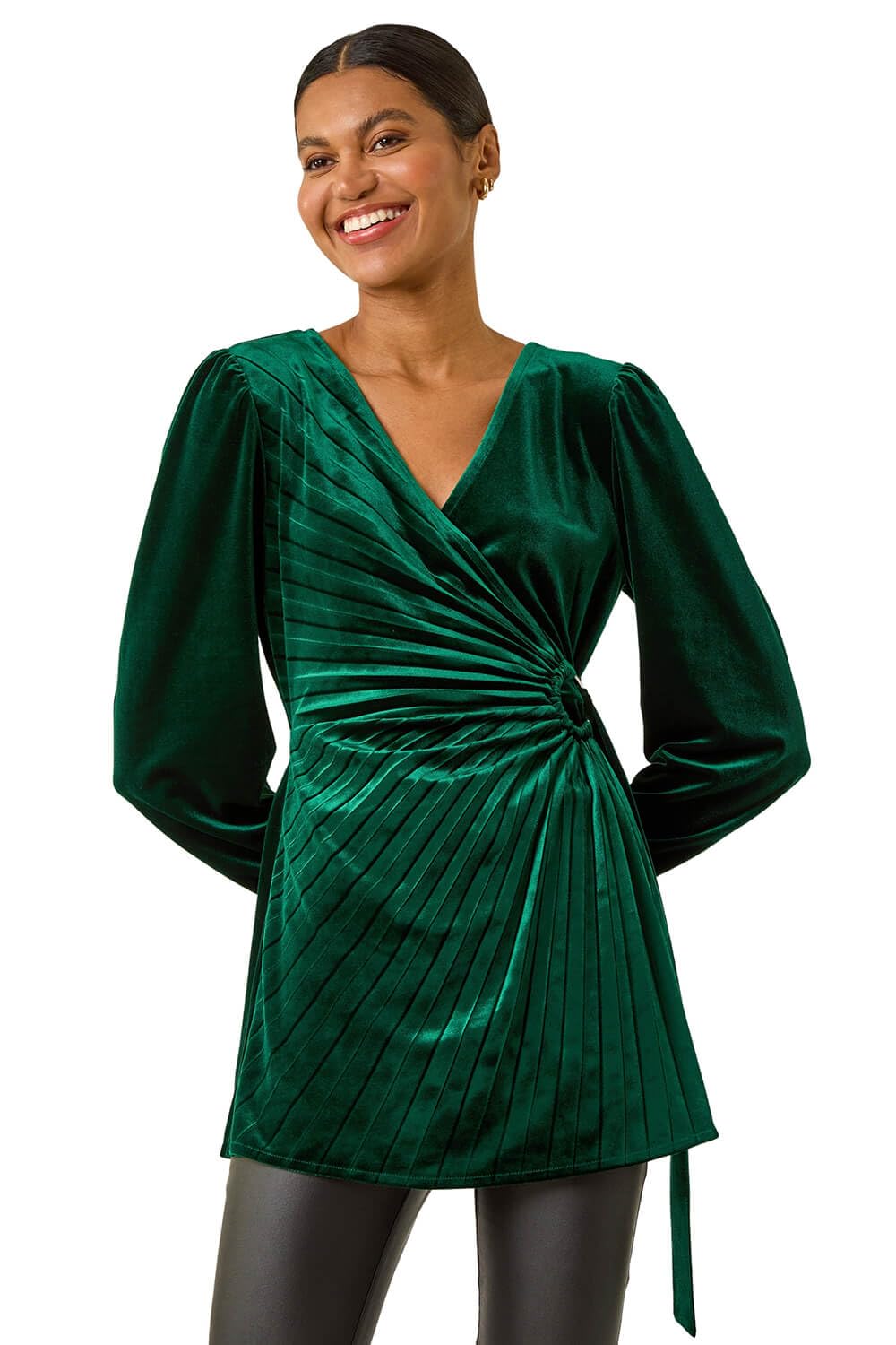 Roman Originals Women's Green Velvet Pleated Wrap Top For Uk - Everyday Autumn Winter V-Neckline Comfy Soft Evening Vacation Work Party Night Out - Size 20