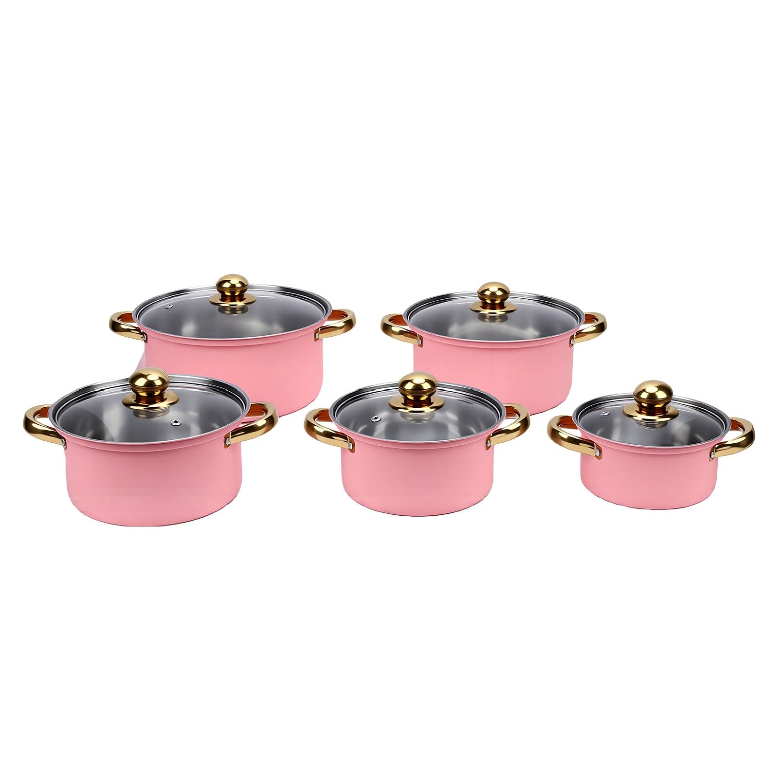 Generic Zestaw naczyń ze Stali Nierdzewnej 16 Cm 18 Cm 20 22 24 Trwałe Garnki do Gotowania w Domu ze Szklanymi Pokrywkami (PINK)