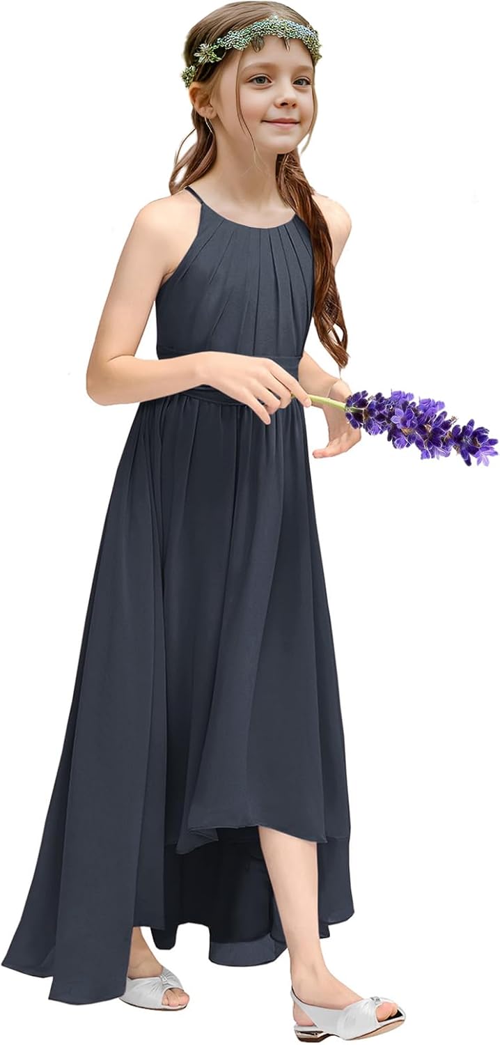 Fancy Girls Dresses Teen Junior Bridesmaid Dress Halter Neck Sleeveless Chest Pleated Backless Crossed Straps Dress - Image 3