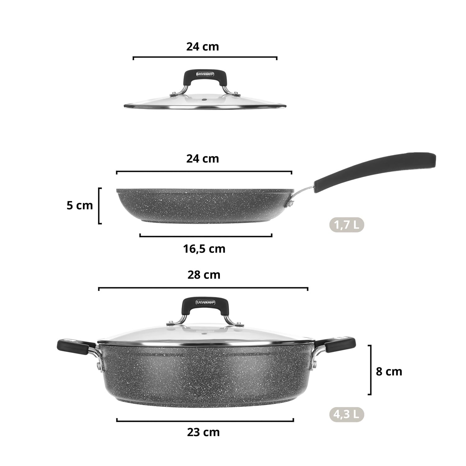 KASANOVA Batteria pentole 4 pezzi New Petra Dark, Set pentole e padelle induzione e forno fino a 180°C, Set antiaderente con padella, casseruola e coperchi vetro