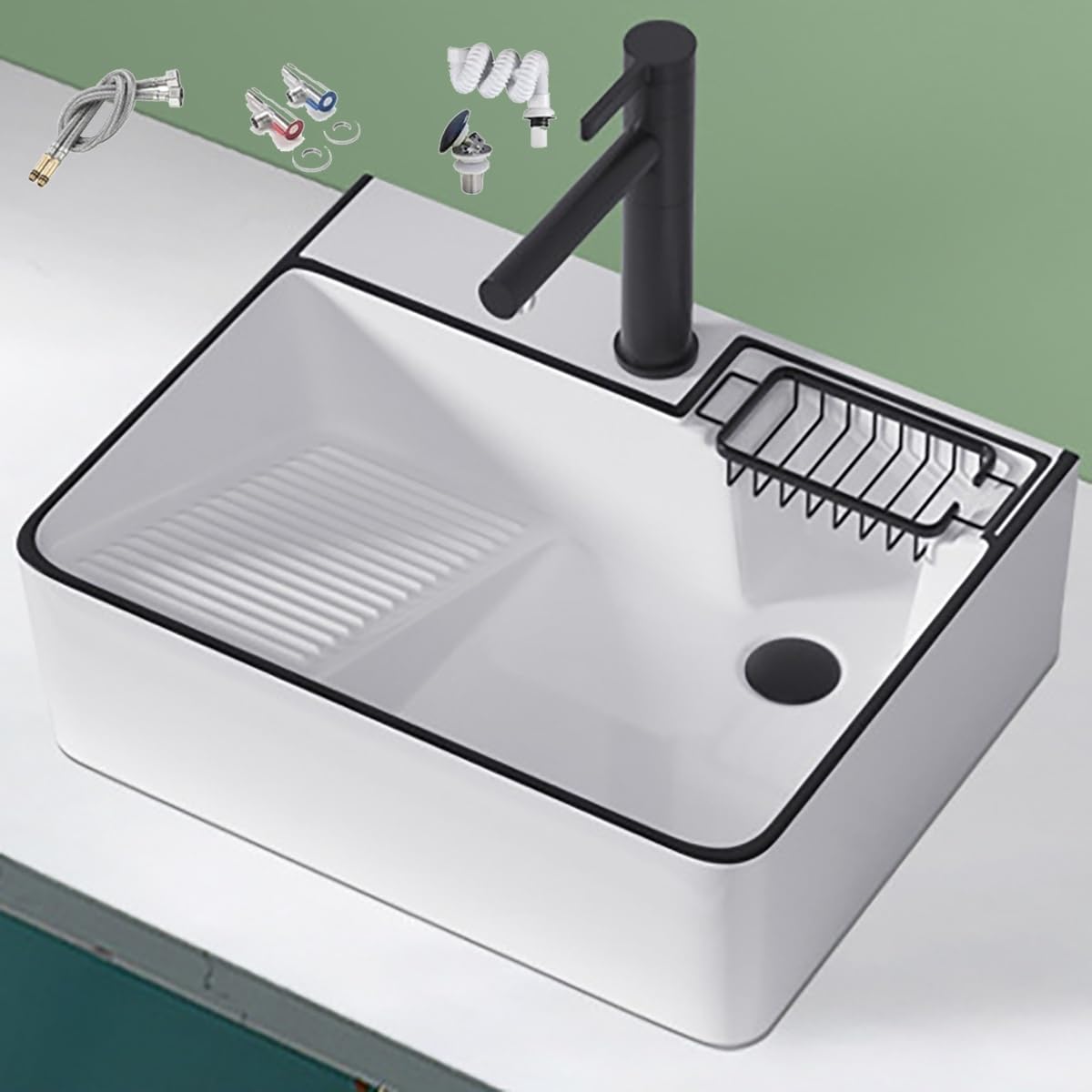ZQFHSX Ceramic Bathroom Vessel Sink with Integrated Washboard & Pull-Out Faucet - Versatile for Kitchens Laundry Balconies Bar Counters (Black 590x450x155mm)