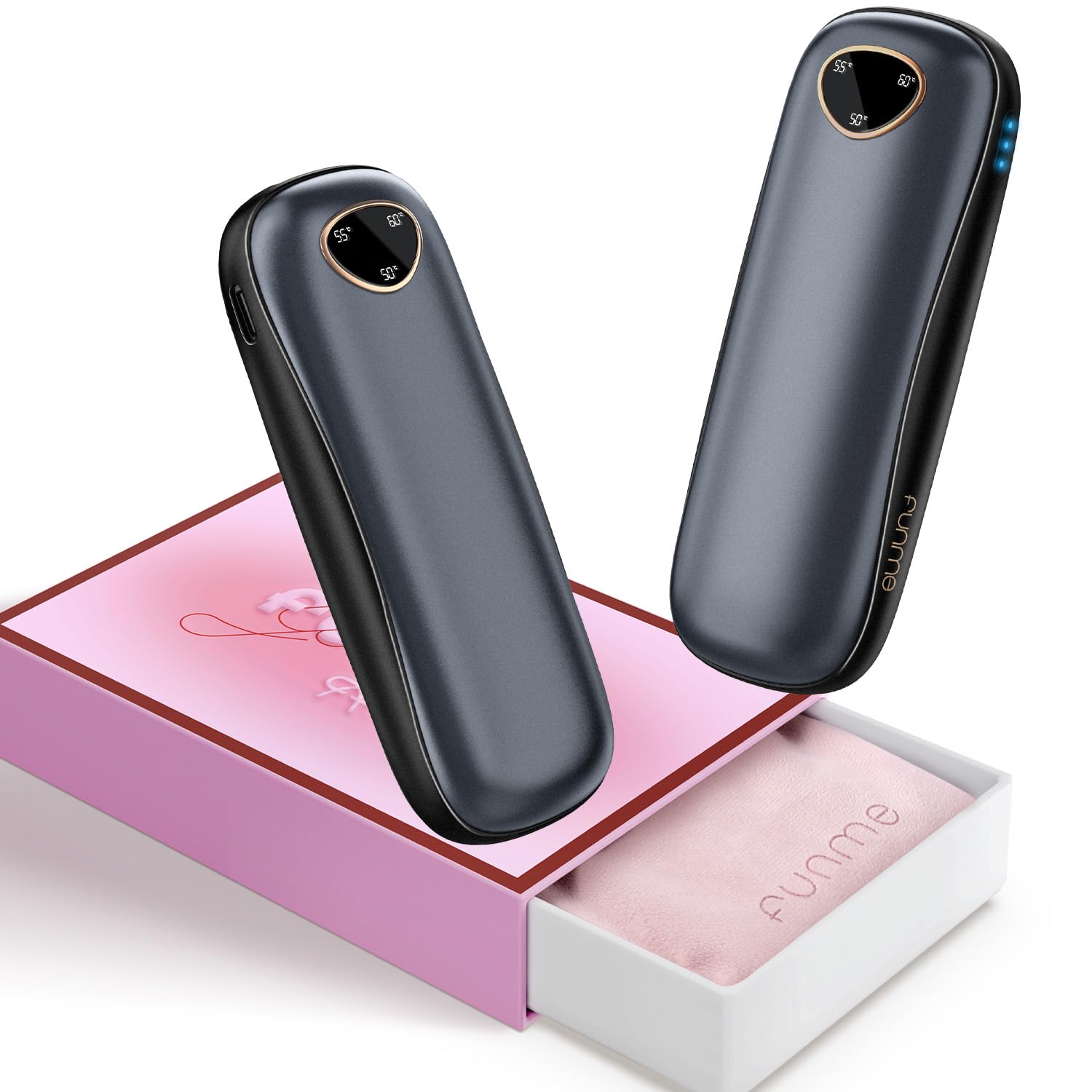 Ogrzewacz do rąk do wielokrotnego ładowania 【Pudełko prezentowe】 10000 mAh, Funme 2-pak ogrzewaczy do rąk USB wielokrotnego użytku, z powerbankiem, 3 poziomy ciepła, maksymalnie 60°C, przenośne