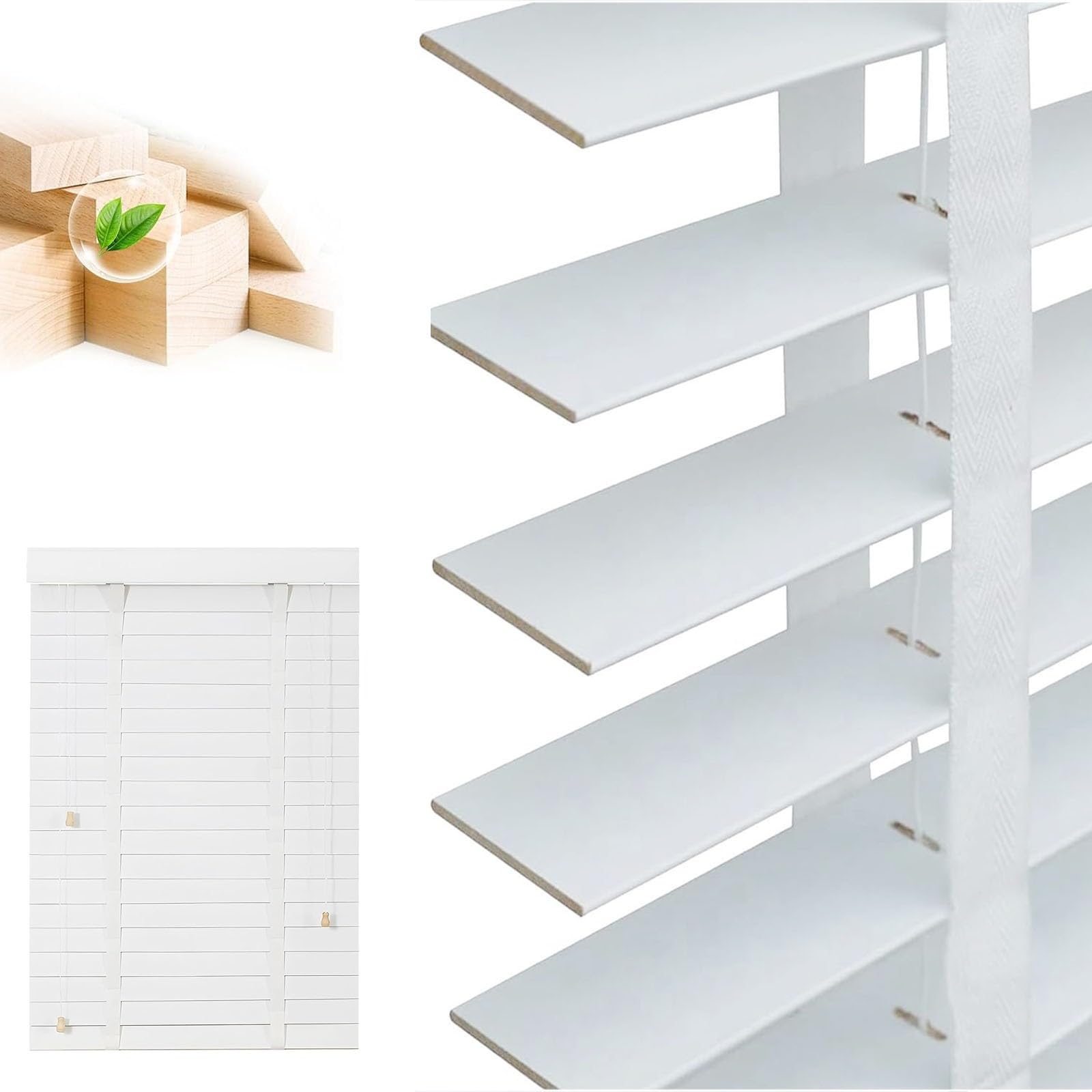 Wood Blinds For Indoor Windows, 2" Slats Blackout Horizontal Privacy Wooden Blinds, 10''-76'' Room Darkening Shade For Bedroom Bathroom Living Room Cordless(White)