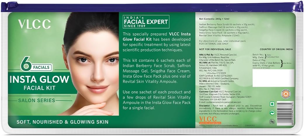 VLCC Salon Series Insta Glow Facial Kit (6 Facials) - 240g + 12ml | Fights Premature Ageing | Youthful Glow Facial Kit with Saffron & Berberry | Anti-Microbial and Complexion Brightening