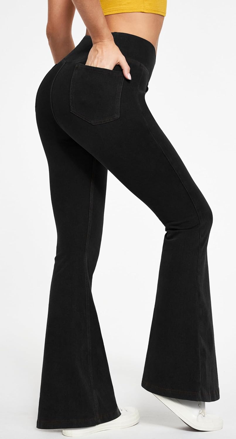 IUGA High Waisted Bell Bottom Jeans for Women Flare Stretchy Jeans Pull On Wide Leg Jean Woman V Cross Flare Leggings Pants