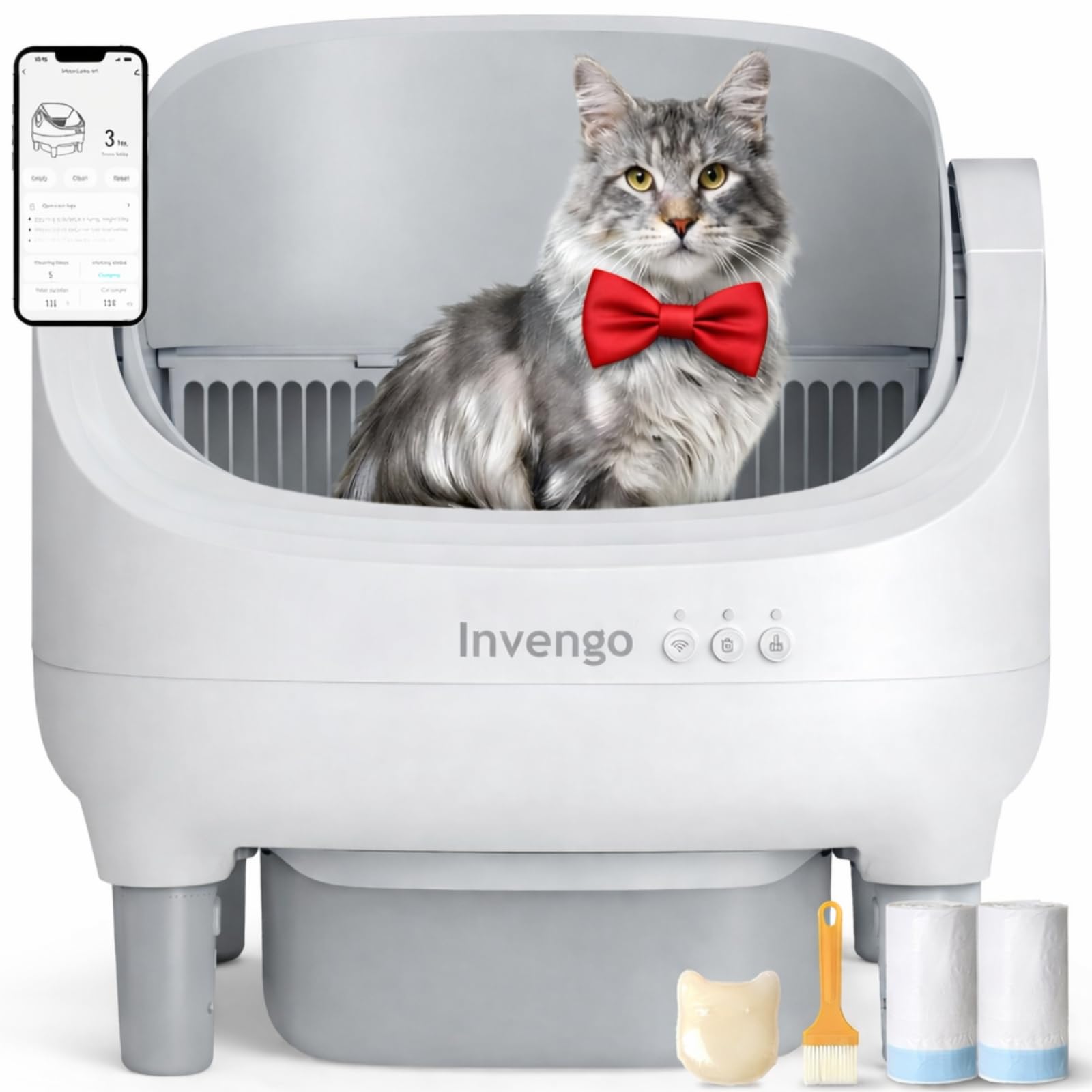 Invengo Automatic Cat Litter Box Self Cleaning, App Control, Open-Top Automatic Litter Box with Safety Sensors, Ultra-Quiet, 10.5L Waste Bin with Odor Control, 2 Rolls of Garbage Bags, LightGrey