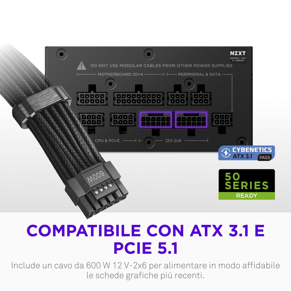 NZXT C850 SFX Gold - Alimentatore SFX ATX 3.1 da 850 W - 80 Plus Gold - Cybenetics Platinum - Completamente modulare - PCIe 5.1 600 W 12 V-2x6 - Condensatori giapponesi - Nero - 5