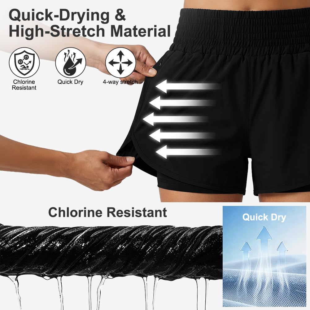 Aolso Shorts de Natación Mujer, Bikini Verano Short Pantalones Cortos, Shorts de Playa Secado Rapido con Bolsillos y Control de Abdomen para Playa Surf Vacaciones Deportes Acuáticos y Exterior-M/L