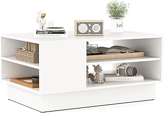 Nightcore Modern White Coffee Table, 34” Long Rectangular Center Table with Dual-Tier Open Storage Shelves, Ideal Accent Furniture for Living Room, Reception Area, Lounge