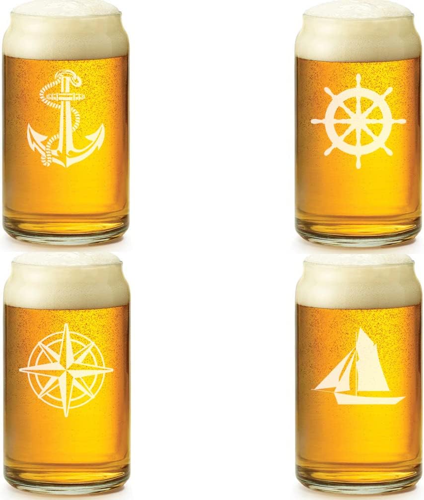 MIP Brand Set of 4 Glass 16 oz Beer Can Anchor Boat Compass Nautical Collection