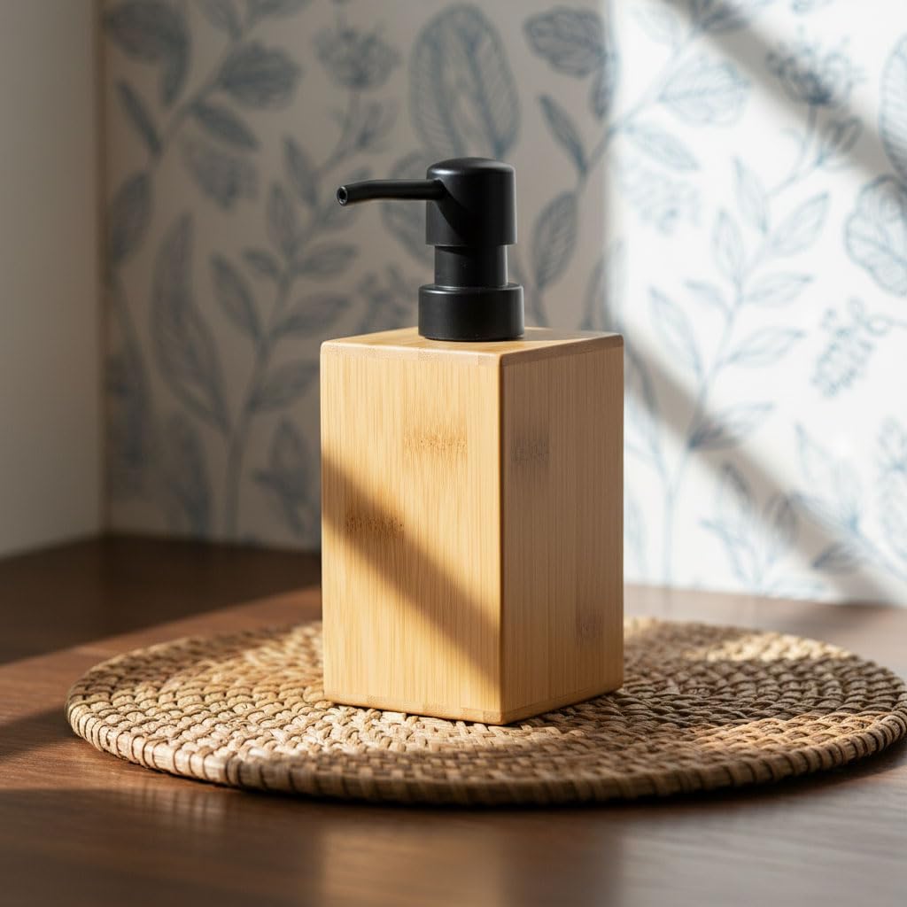 Deconox Bambu Sıvı Sabunluk | Ahşap El Sabunu, Losyon ve Şampuan Dispenseri | Modern Banyo, Mutfak ve Lavabo Düzenleyici (255ml) | Kare Bambu Sıvı Sabunluk | Mat Siyah Pompalı Ahşap Sabun Şişe